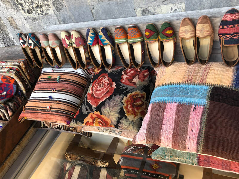 Kilim slippers and cushions spotted in Grand Bazaar Istanbul!